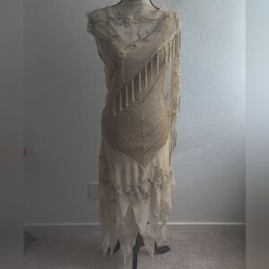 She's USA 90s/Y2K Beige Cream Crochet embroidered tiered spaghetti strap dress_M
